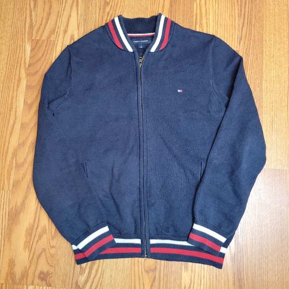 Tommy Hilfiger Other - Tommy Hilfiger Blue Full ZIP Knit Sweater Navy With White Red Flag Stripes Sm/P